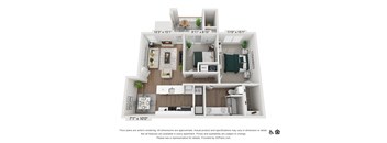 A 3D floor plan of a small apartment with a kitchen, living room, and bedroom.
