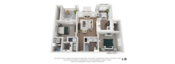 A 3D floor plan of a two-bedroom apartment with a living room, kitchen, and bathroom.