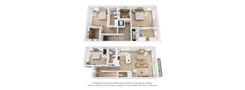 A 3D rendered image of a modern apartment.