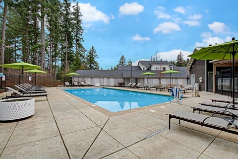A pool surrounded by trees and a building.