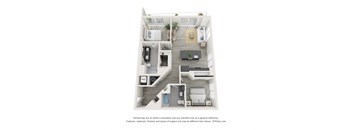 a stylized view of a 1 bedroom floor plan of a 2100 sq ft apartment