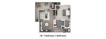 A floor plan of a 1 bedroom, 1 bathroom apartment.