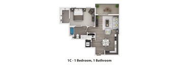 A floor plan of a one bedroom apartment with one bathroom.