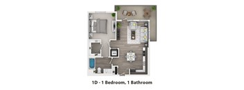 A floor plan of a 1D - 1 Bedroom, 1 Bathroom apartment.