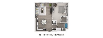 A floor plan of a 1E - 1 Bedroom, 1 Bathroom apartment.