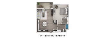 A floor plan of a 1 bedroom, 1 bathroom apartment.