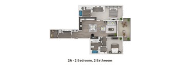A floor plan of a 2 bedroom, 2 bathroom apartment.