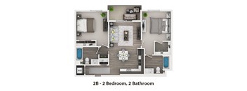 A floor plan of a 2B apartment with 2 bedrooms and 2 bathrooms.