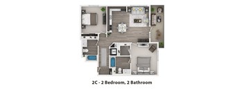 A floor plan of a 2 bedroom, 2 bathroom apartment.
