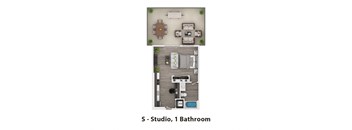A floor plan of a studio apartment with one bathroom.