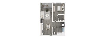 A floor plan of a house with a kitchen, living room, dining room, and bathrooms.