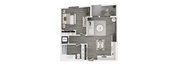 A top-down view of a bathroom layout with a toilet, sink, and shower.