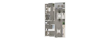 A floor plan of a small apartment with a kitchen, living room, and bathroom.