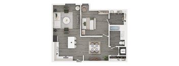 A top-down view of a well-organized kitchen and dining area.