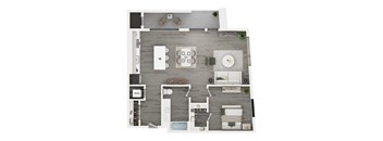 A top down view of a living room, kitchen, and dining area.