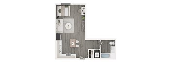 A floor plan of a small apartment with a kitchen, living room, and bathroom.