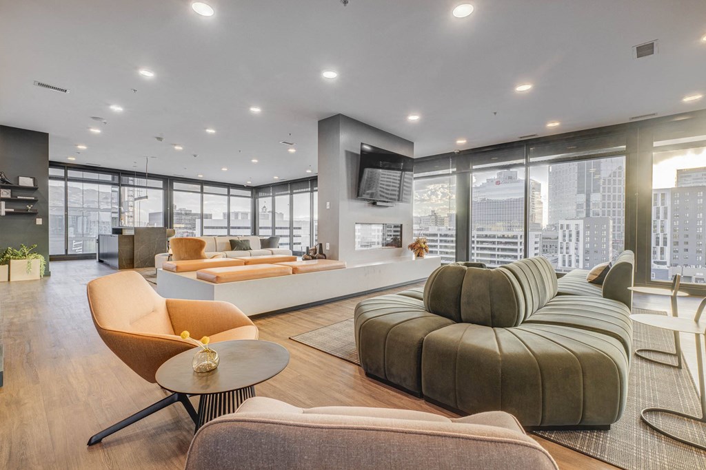 a living room with a couch and a table