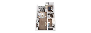 A top down view of a small apartment with a kitchen, living room, and bathroom.