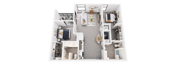 A top-down view of a small apartment with a kitchen, living room, and bathroom.