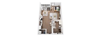 A top down view of a small apartment with a kitchen, living room, and bathroom.