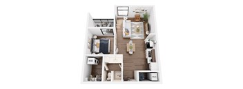A top down view of a small apartment with a kitchen, living room, and bathroom.