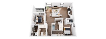 A top-down view of a small apartment with a kitchen, living room, and bathroom.