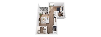 A top-down view of a modern, minimalist apartment with a kitchen, living room, and bathroom.