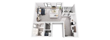 A white room with a table and chairs in the middle.