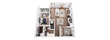 A top down view of a modern apartment layout with a kitchen, living room, dining room, and bathroom.