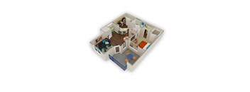 A 3D floor plan of a house with a living room, kitchen, dining room, and bedrooms.
