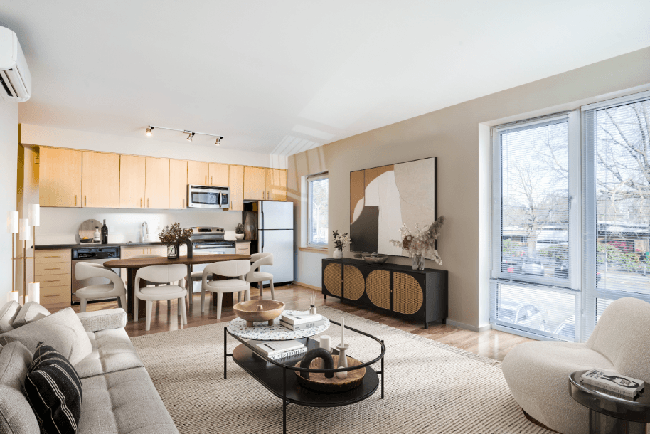 model kitchen and living room