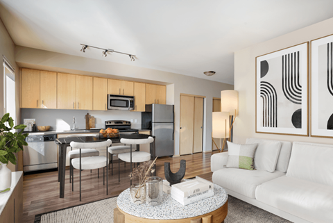 model kitchen and living room