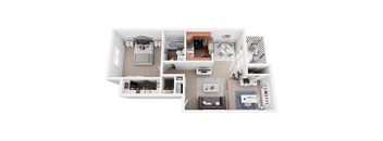 a stylized floor plan with a bedroom and a living room