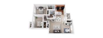 a stylized floor plan with a bedroom and a living room