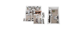 a stylized floor plan with two bedrooms and a bathroom