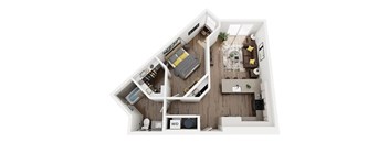 a stylized floor plan with a bedroom and a living room