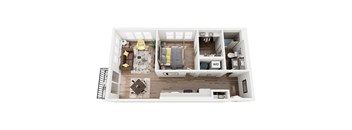 a stylized floor plan with a bedroom and a living room