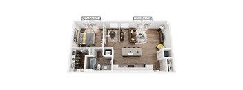 a stylized floor plan with a bedroom and a living room