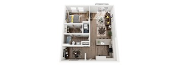 a 3d floor plan of a house with a bedroom and living room