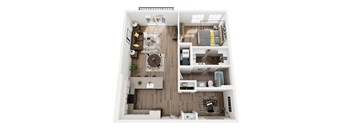 a 3d floor plan of a bedroom with a living room