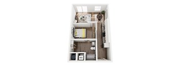 a stylized floor plan with a bedroom and a living room