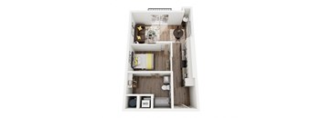 a stylized floor plan with a bedroom and a living room