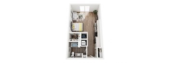a stylized floor plan with a bedroom and a living room