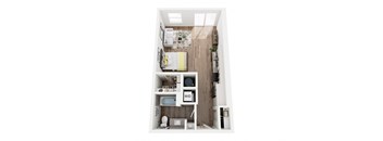 a stylized floor plan with a bedroom and a living room