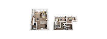 a stylized floor plan of a bedroom and a living room