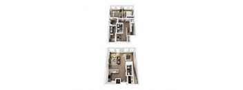 a stylized floor plan of a 1 bedroom apartment with a bathroom and a kitchen