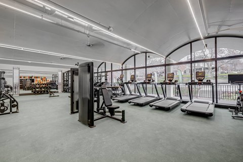 A gym with treadmills, weights, and exercise equipment.