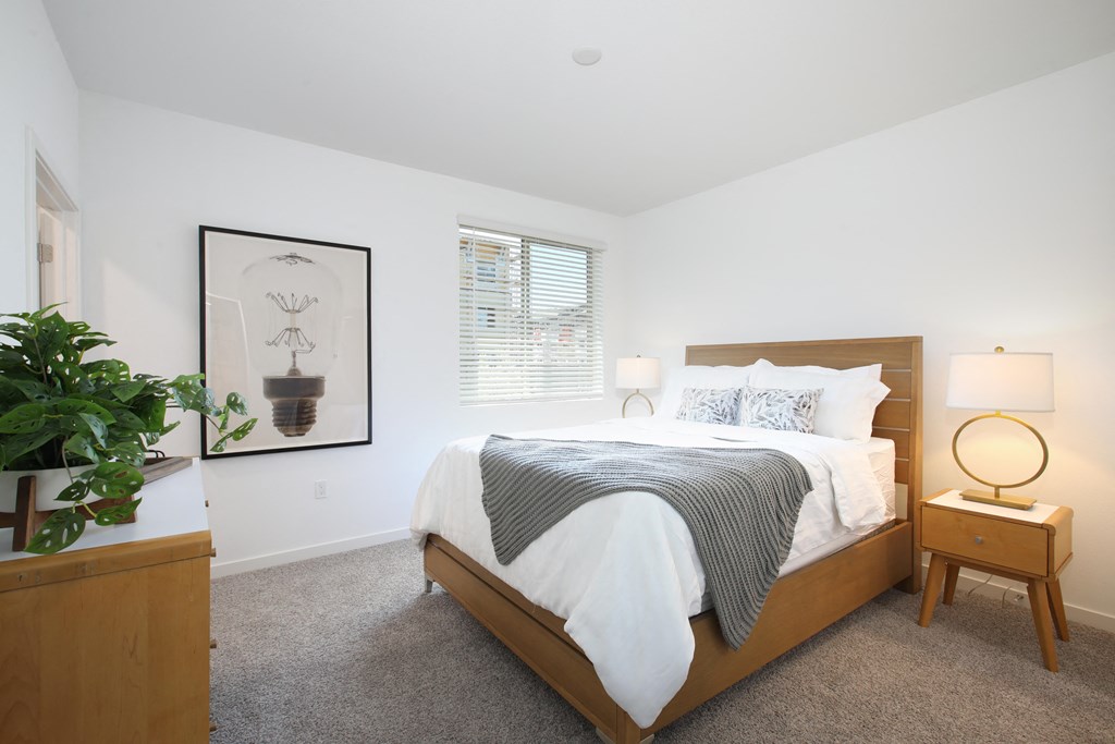 a bedroom with a bed and a dresser and a window