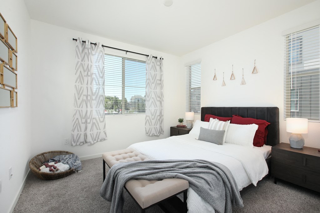 a bedroom with a large bed and two windows