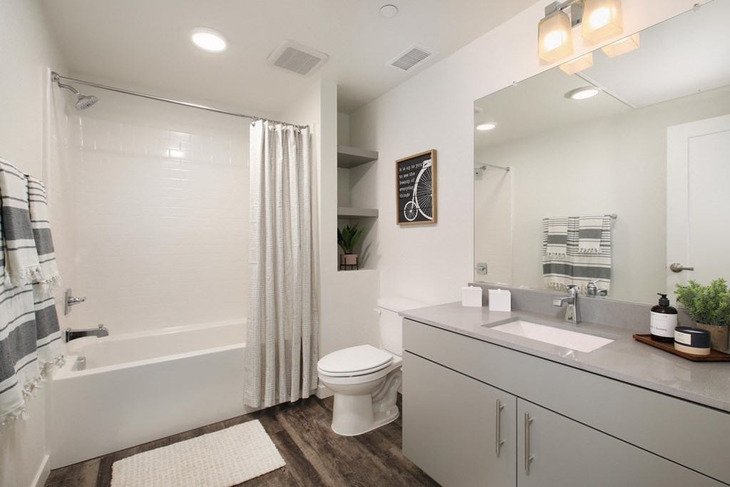 a white bathroom with a shower toilet and sink